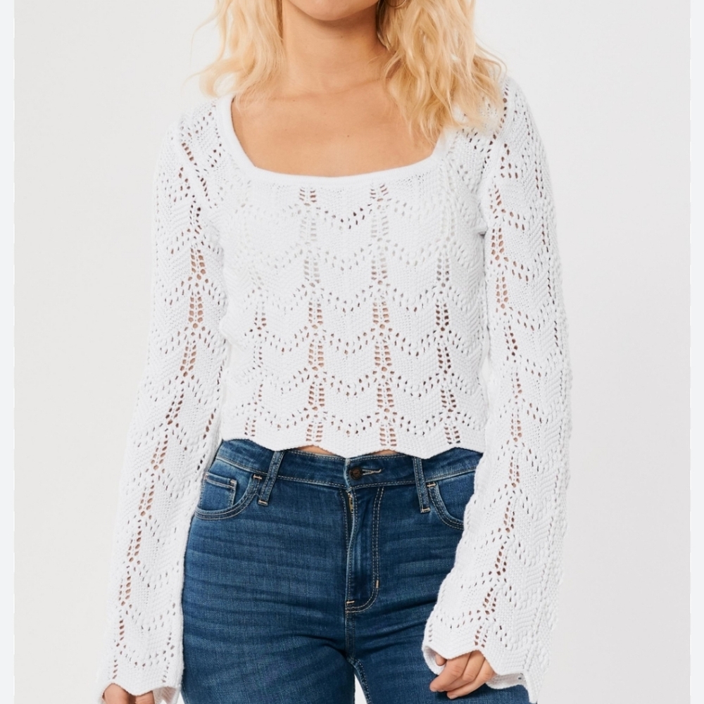 Hollister White Long-sleeve Crochet Square-neck Jumper Sweater